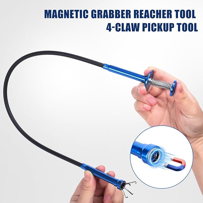 Flexible Grabber Tool, Magnetic 4-Claw Gripper (24", Blue) | Mechanic Pickup Tool with Spring-Loaded Handle; for Automotive, Engine Bay, Bathroom, Kitchen, Sewers, Drain, Small Spaces