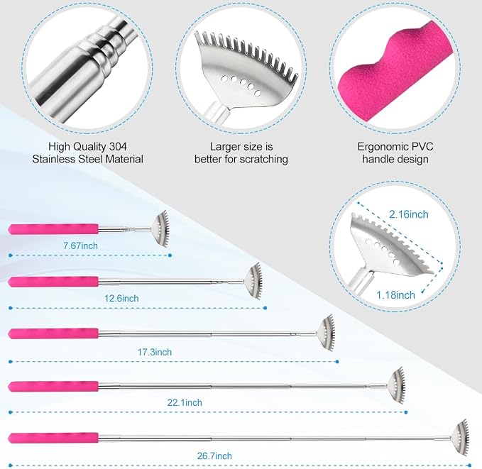 Yeipis 3 Pack Different Back Scratcher Metal Portable Telescoping Back scratchers with Rubber Handles, Extendable Back Massager Tool, Great Stocking Stuffers for Men Women Kids Adults（Pink）