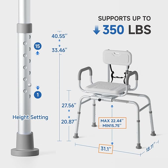Sliding Shower Chair Tub Transfer Bench with Swivel Seat, Padded Armrest and Backrest, Height Adjustable for Bathtubs, Inside Shower, for Handicap & Seniors，350 Lbs