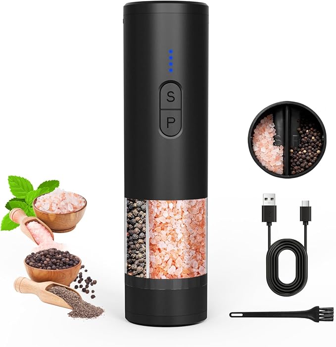 Electric Salt and Pepper Grinder Set, 2 in 1 Dual Bins USB Rechargeable Refillable Automatic Salt and Pepper Mill Shaker with LED Light, Dual Ceramic Grinder Adjustable Coarseness, kitchen gift, Black