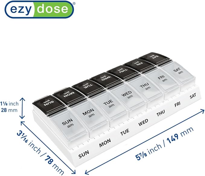 EZY DOSE Weekly (7-Day) AM/PM Pill Case, Medicine Planner, Vitamin Organizer, Small Pop-Out Compartments, 2 Times a Day, Black and Clear Lids (Pack of 2)