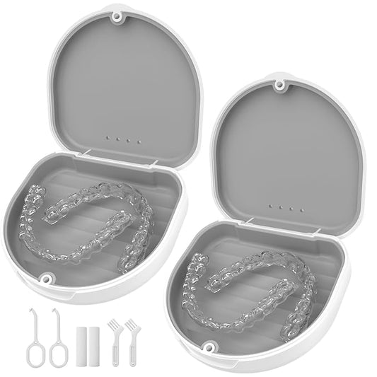 2 Pack Retainer Case, Slim Aligner Case with Vent Holes and Silicone Liner, Compatible with Invisalign, Includes Removal Tool, Brush, Chews, White