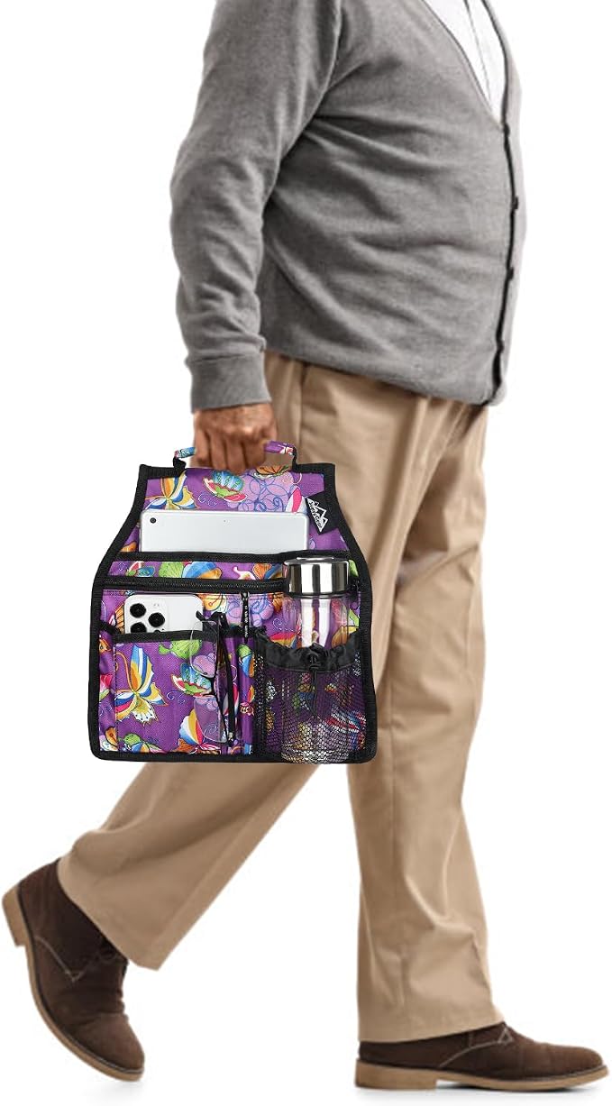 supregear Walker Side Bag, Storage Pouch w/Cup Holder for Folding Walker, Waterproof Caddy Basket for Side Bar Accessory Attachment for Seniors Elderly, Double Sided Organizer