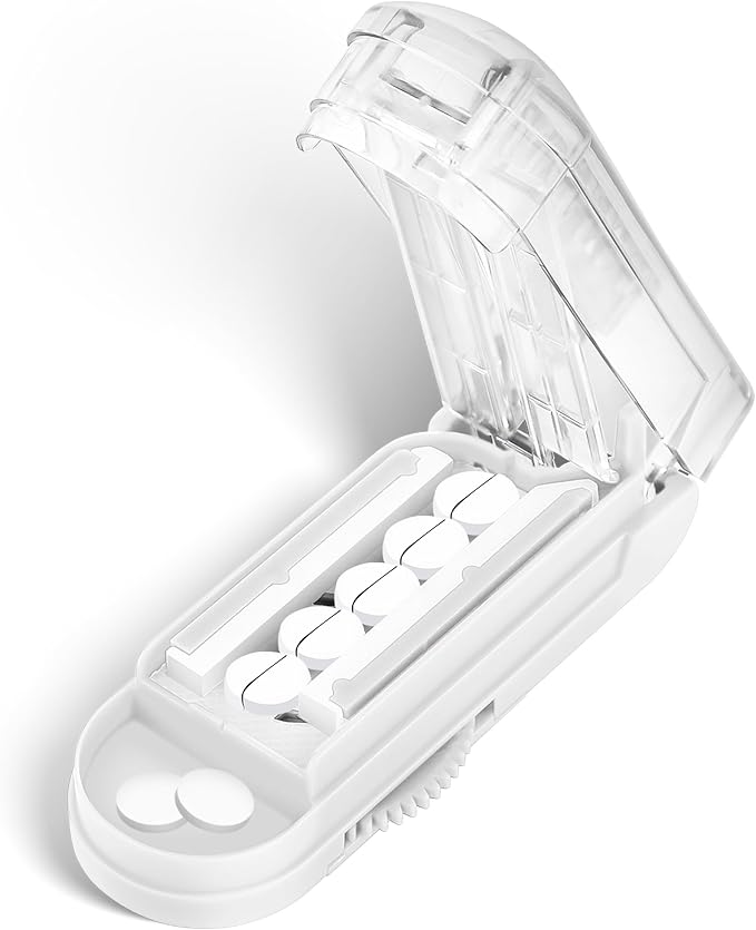 DUBSTAR Pill Cutter Splitter for Small and Tiny Pills, Multiple Cutters for Small or Large Pills, Adjustable Pill Splitter with Centering Device and Blade Guard for Multi Tablets (White)