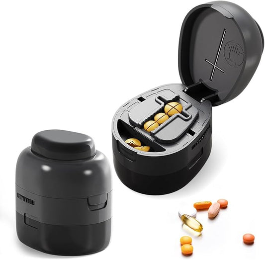 Safe Pill Cutter for Seniors – Easy-Press Vertical Tablet Splitter, Adjustable Pill Holder for All Shapes, Hidden Blade Design, Food-Grade Material & Storage Box – Precise 1/2 & 1/4 Medication Cutting
