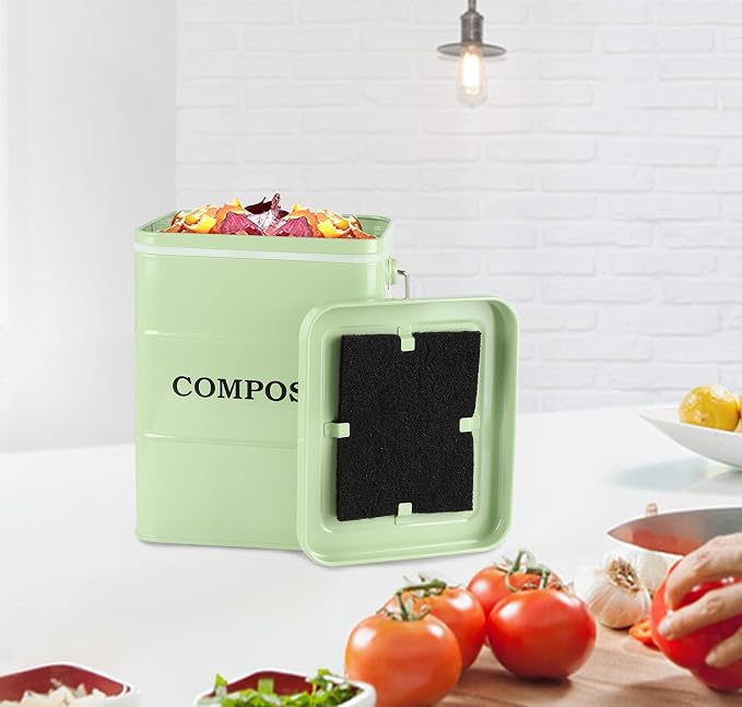 Compost Bin Kitchen Countertop Indoor Compost Pail Bucket, Great for Food Scraps, Carbon Steel, Handles, Green, 1 Gallon - Includes Charcoal Filter