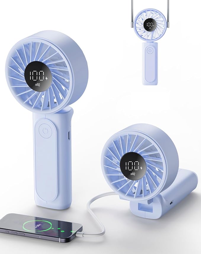 Peiyuu Portable Fan, 4000mAh Rechargeable, 180° Foldable Mini Desk Fan with 6 Wind Speed, LCD Digital Display, Lanyard as Neck Fan, Ultra Quiet, Pocket Size for Indoor Outdoor