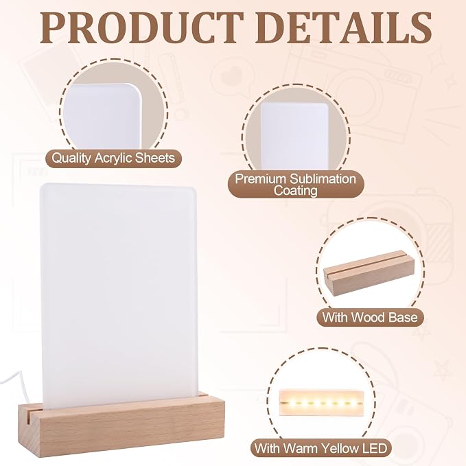 4 Pack 5" x 7" Sublimation led Acrylic Photo Frames Night Lights Blanks Heart Shape,with Warm Color Light with Wood Stand for Heat Press Machine Printing
