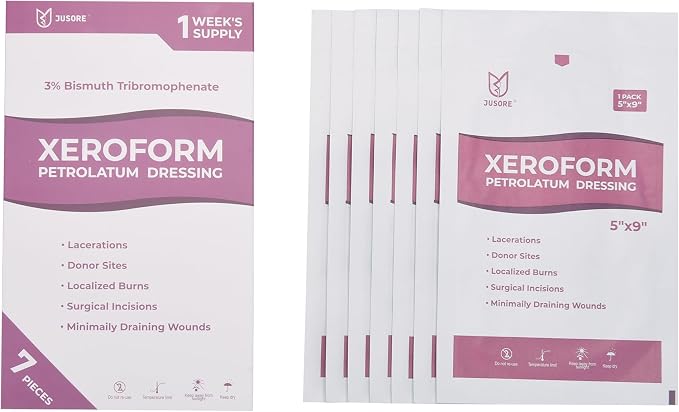 JUSORE Xeroform Petrolatum Dressing - FSA-HSA, 5"x9" Medical Non Stick | Gauze Pads, Soft Mesh Gauze Patch for Wound Care, Burns, Lacerations, Skin Grafts & Surgical Incisions, 7 Individual Pack