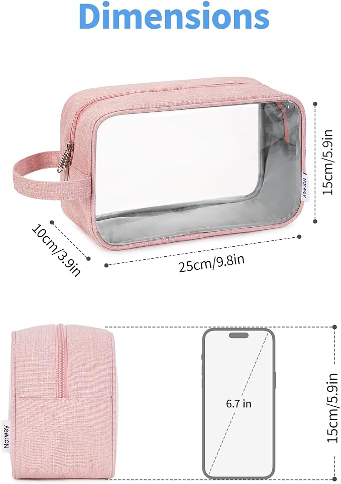 Narwey Clear Travel Toiletry Bags for Traveling Toiletries Men Women, Clear Makeup Bag Cosmetic Bag with Zipper, Make Up Pouch Organizer Bag with Handle, Skincare Beach Snack Medicine Bag, Pink