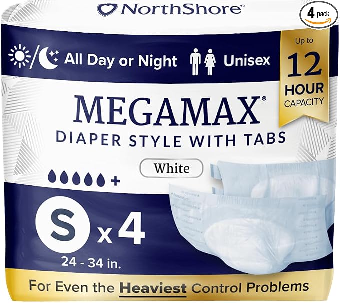 NorthShore MegaMax 12-Hour HBL Adult Diapers for Heavy Bladder Leaks, Small, 4 Count, White, 24-34 inches, Tab-Style Incontinence Underwear for Men, Women & Teens