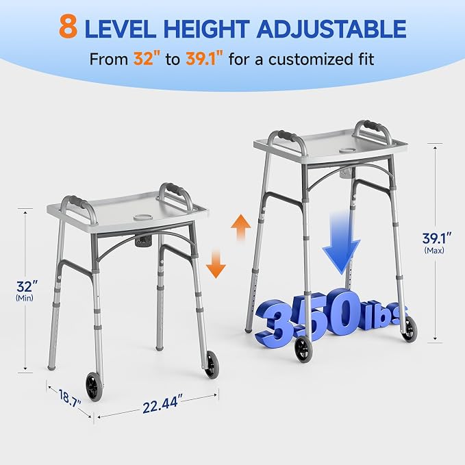 Loyoda Folding Walker with Tray for Seniors, Walker with 5" Front Wheels | Lightweight Aluminum 2-Wheel Walker, Height Adjustable Standard Walkers, 350 lbs