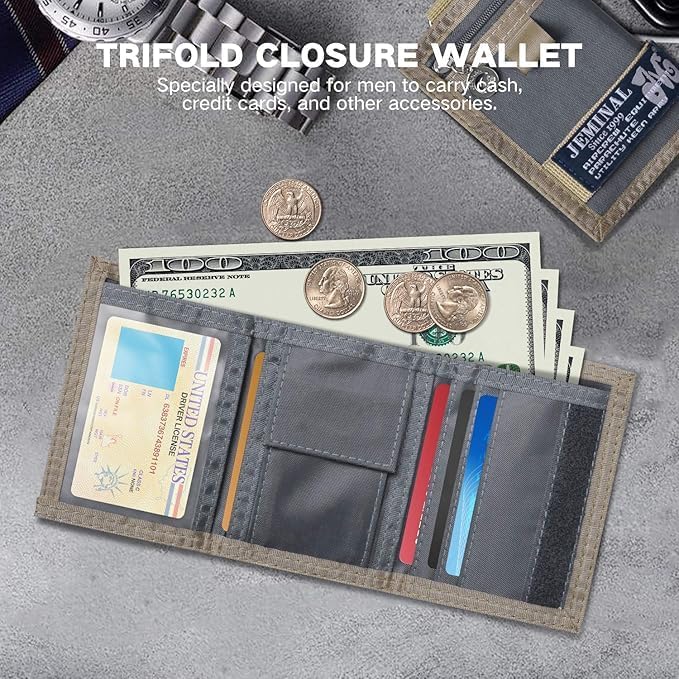 JEMINAL Trifold Canvas Wallet for Men Outdoor Sports Wallet with Keychain, Multiple Card Slots, ID Window, Lightweight Nylon Casual Wallet, Grey