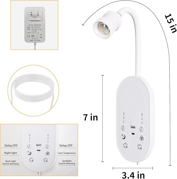 Books Lights for Reading Set of 2, Bedside Wall Mounted Reading Light with 3 Color Temperature & Timers, Touch Control Stepless Dimmable Wall Sconces, Flexible Gooseneck Bed Lights for headboard