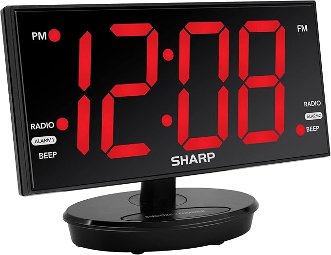 Sharp AccuSet Digital Alarm Clock, 8.9" Tilt/Swivel, FM Radio, Dual USB | 3-inch easy-read digits, 10 station presets, 3-level dimmer, 2 wake times, 9-minute snooze, CR2032 backup, mirror finish