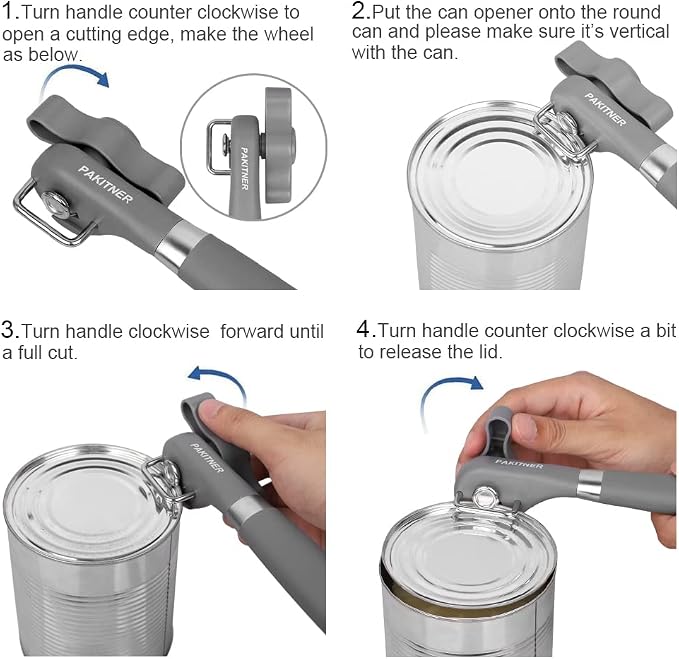 PAKITNER- Cut safe manual can opener, smooth edge - handheld Side cut with Sharp Blade, Comfortable Grip Handle Food Grade Stainless Steel Cutting Can Opener, Gray
