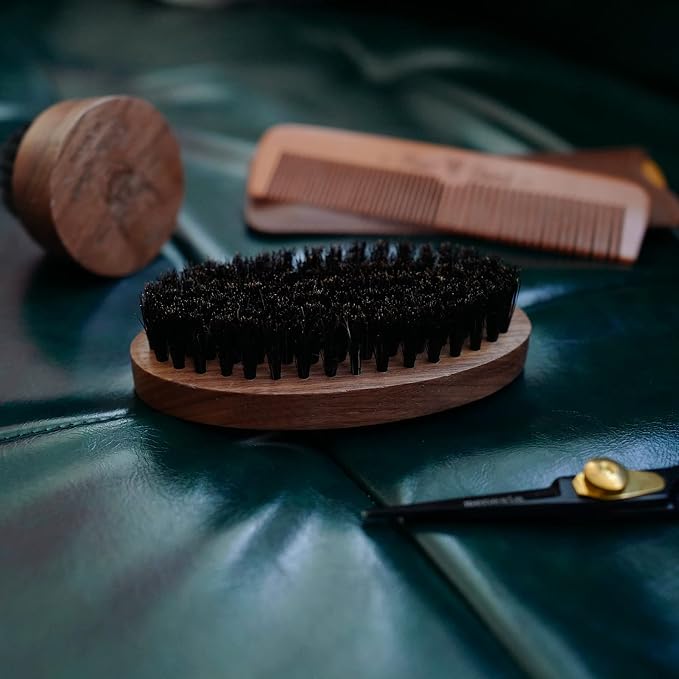 Walnut Wood Boar Bristle Beard Brush for Men | Soft & Smoothing Boar Bristles, Skull Print, Small Pocket Travel Size