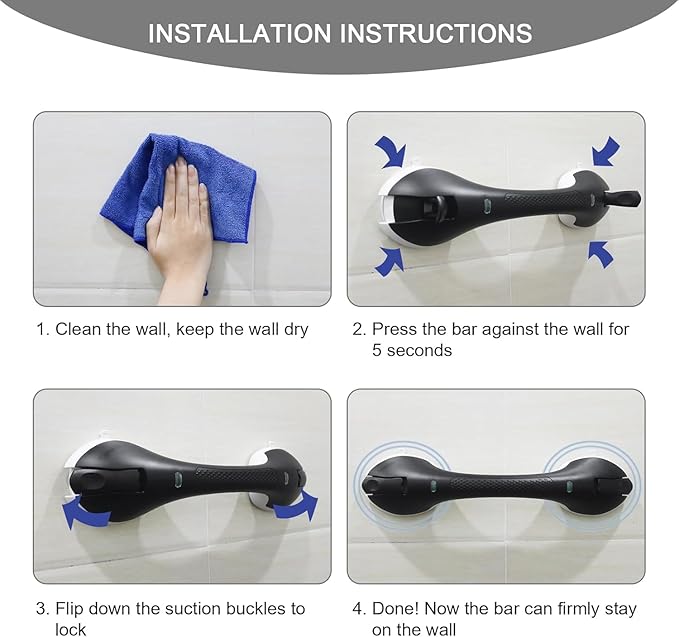 2Pack Suction Grab Bar for Shower Bathtub: Upgraded Heavy Duty Non-Slip Grip Handle with Strong Suction Cup for Bathroom Wall, Max Load 269LBS Safety Bar for Elderly Senior (2, Black)