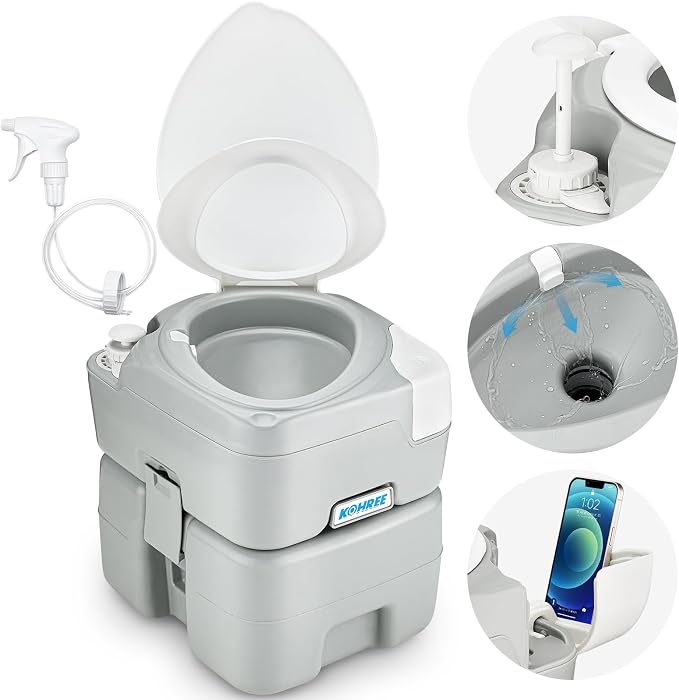 Kohree Camping Toilet Portable 5.3 Gallon, 20L Porta Potty for Adults | with Diagonal Elongated Bowl Seat, Handle Flush Pump, Leak-Proof Cassette Toilet for RV Trailer Trucker Boat Marine Home Use