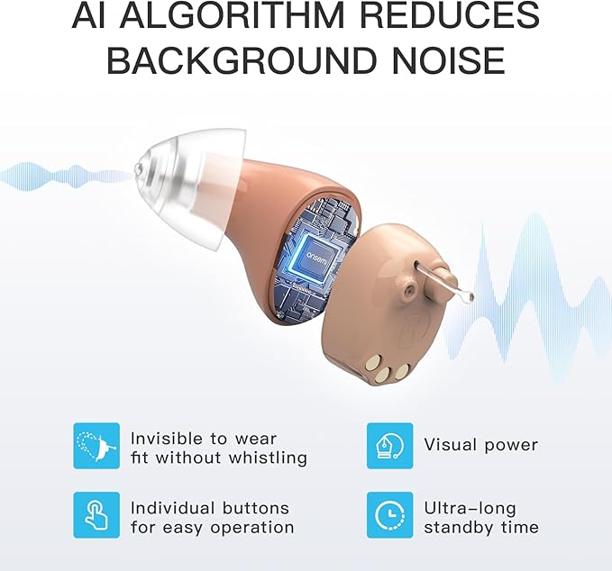 Hearing Aids (not Amplifiers), Rechargeable Hearing Aids for Seniors Invisible Hearing Aid with Noise Cancelling and Volume Control, OTC Digital Hearing Devices for Superior Sound Quality, Beige