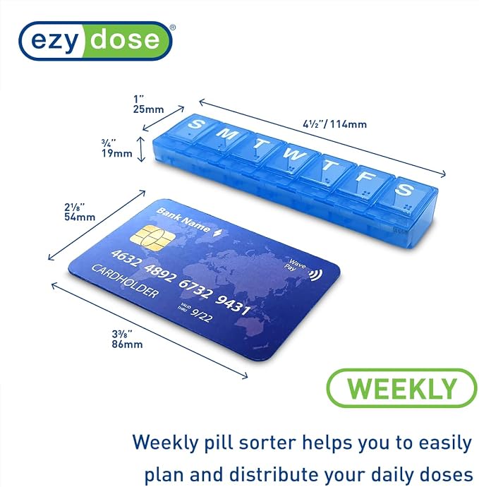 EZY DOSE Weekly (7-Day) Pill Planner, Medicine Case, Vitamin Organizer Box, Small Locking Compartments to Secure Prescription Medication and Prevent Accidental Spilling, Blue