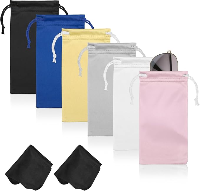 6 Pcs Premium Microfiber Sunglasses Pouch Bag, Glasses Case Soft Multicolor | With 2 Cleaning Cloths, Drawstring Storage Pouch for Phone, Eyeglass Holder, Eyewear