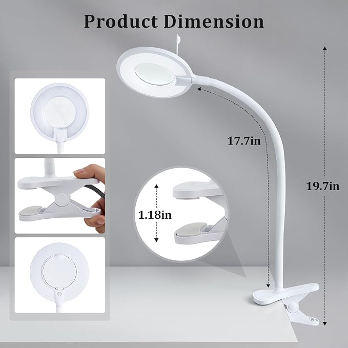 3X+6X Magnifying Glass with Light and Stand,Dimmable LED Magnifying Lamp | Clip on, Flexible Gooseneck, Hands Free Magnifier, Magnification Lamp for Elderly Craft Hobby Painting Sewing Close Work