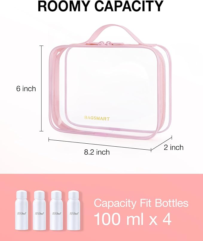BAGSMART Clear Toiletry Bag, TSA Approved Travel Toiletry Bag Carry On Travel Accessories Bag Airport Airline Quart Size Bags water-resistant Makeup Bag for Women | Water-resistant Travel Toiletry Bag, Carry On Travel Accessories Bag, Airport Airline Q...