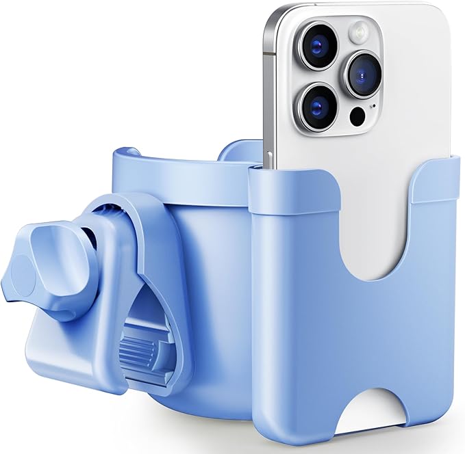 Stroller Cup Holder with Phone Holder, Accessories for Walker Wheelchair | Universal Cup Holder for Bike/Rollator/Scooter Accessories, Fit Uppababy, Nuna, Doona Stroller, Baby Registry Search