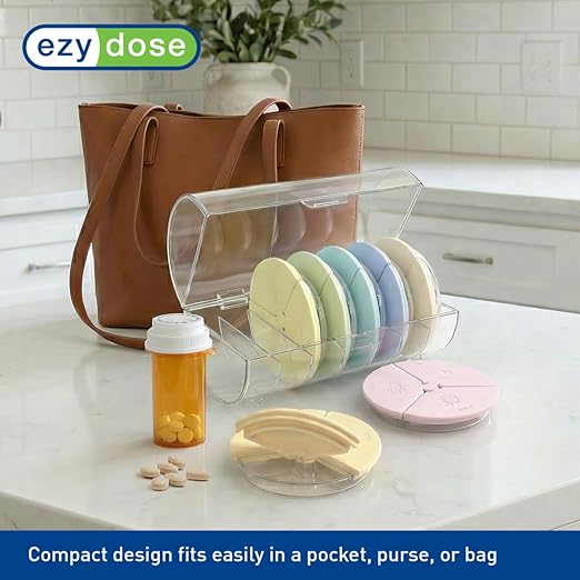 Ezy Dose Weekly (7-Day) Daily Pill Case, Medicine Planner, Vitamin Organizer Container, Compact Round Containers with Flexible Lids and Removable Compartments, 3 Times a Day, Soft Rainbow, BPA Free