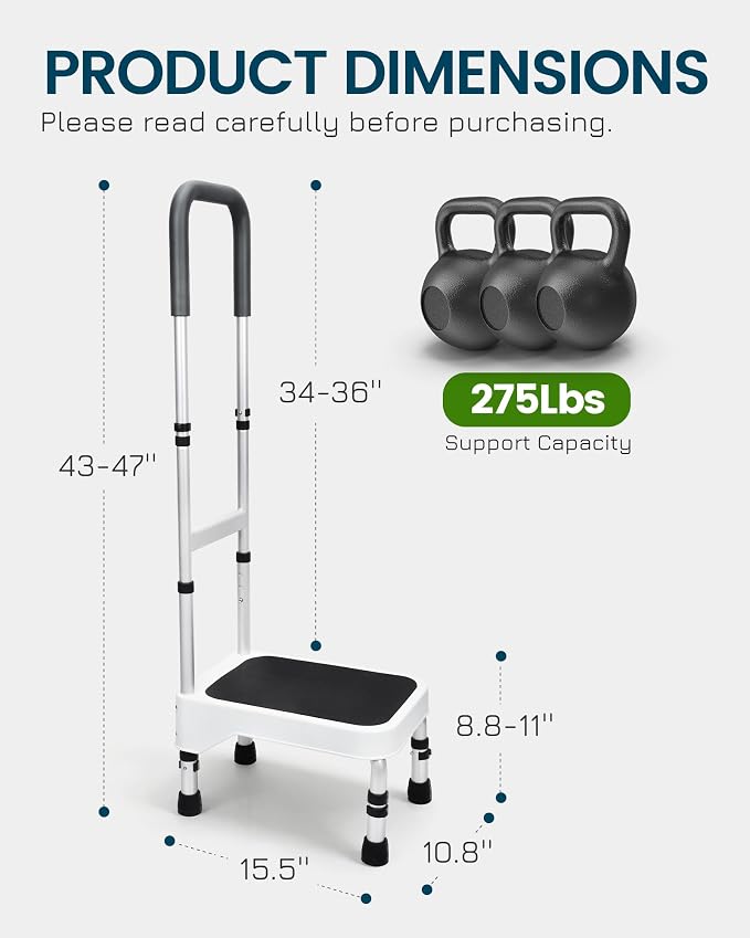 Step Stool with Handle for Elderly - Portable Step Stools for Adults - Step Stool for Bed - Stepping Stool with Adjustable Handle and Legs Supports up to 275 LBS, HDB-503A