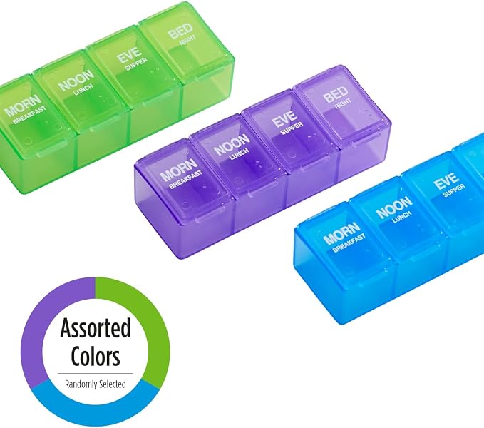 EZY DOSE Daily Pill Case, Medicine Planner, Vitamin Organizer Box, 4 Labeled Compartments, 4 Times a Day, Color May Vary, BPA Free