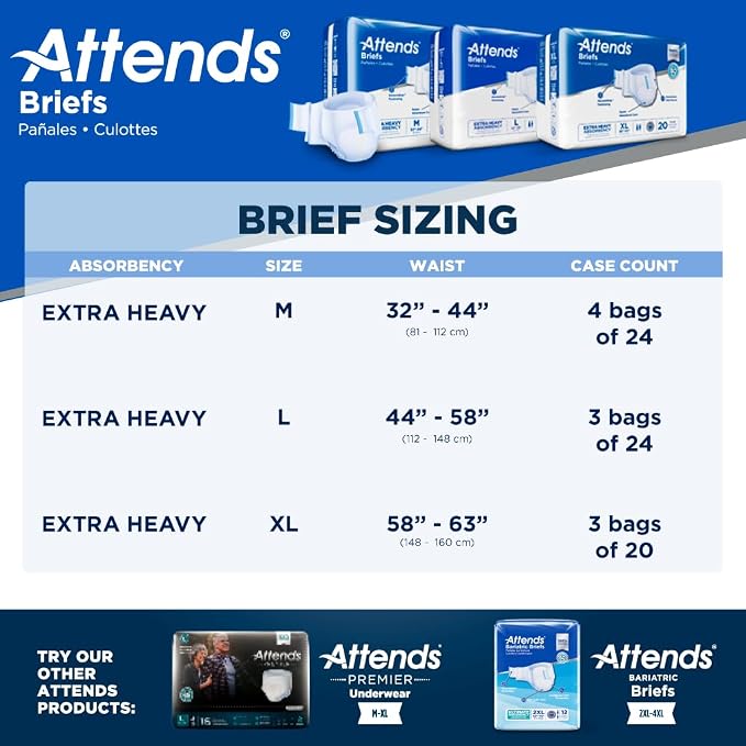Attends Adult Incontinence Disposable Briefs, Medium, 32"-44" Waist with SecureGrip Tab Closure, Extra Heavy Absorbency with Super Absorbent Core and Breathable Side Panels, 24ct Bag