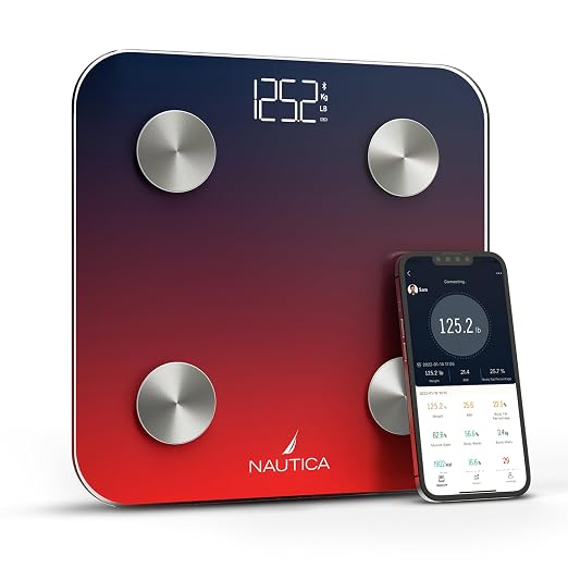 Nautica Body Tracker Digital Bathroom Scale, Bluetooth-Enabled Smart Scale with BMI, Body Fat, Muscle Mass Tracking & More, Syncs with Smartphone App for Body Composition Tracking, 396 Lbs.