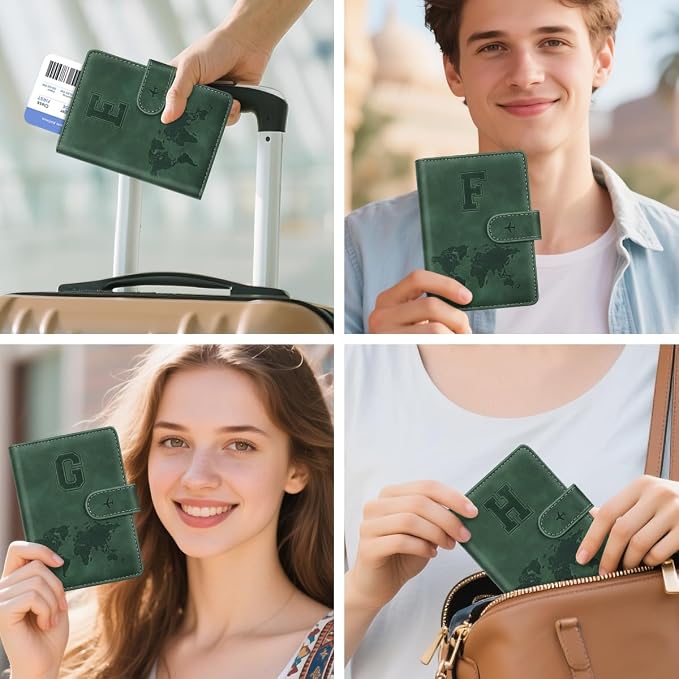 Passport Holder Wallet Cover Personalized Initial Travel Essentials | Embossed Letter A-Z Design, Travel Wallets, RFID Blocking, Passport Book Holders, Women and Men, Personalized Gifts, Green-F