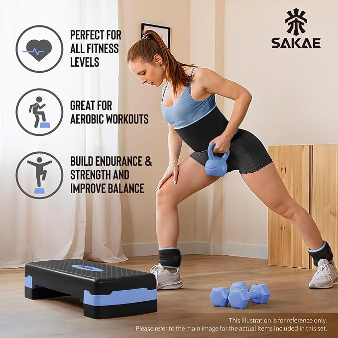 Adjustable Height Aerobic Stepper Set, Multiple Bundle Options with Dumbbells, Kettlebell, Waist Trimmer, Ankle Weights or Weighted Vest, Workout Exercise Step Platform w/Level Risers, 4 Colors