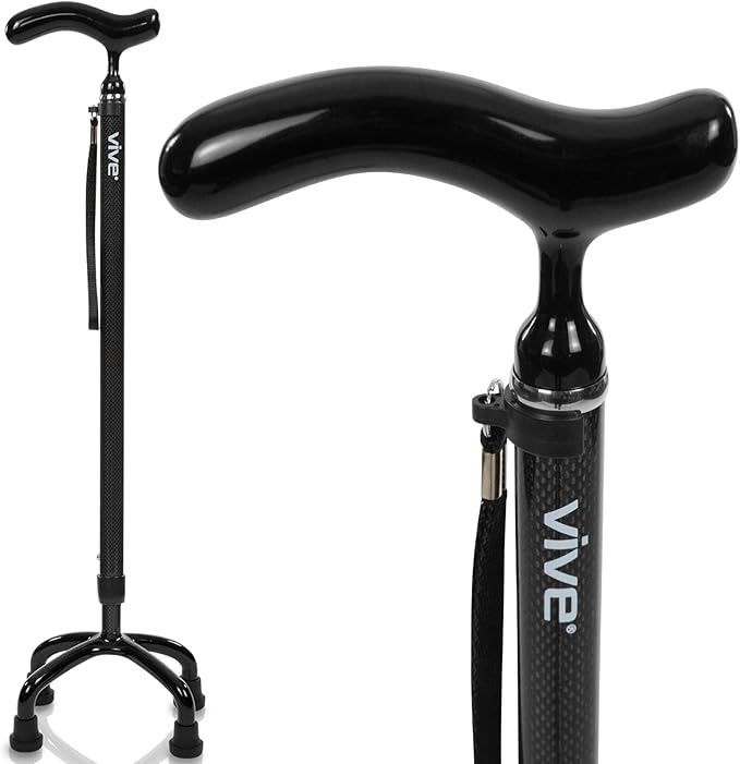 Vive Ultra-Lightweight Quad Cane - Carbon Fiber Walking Stick for Men & Women - Adjustable Ergonomic Grip Handle - Nonslip 4 Prong Rubber Tips for Right, Left Stability Support - Mobility Travel Aid