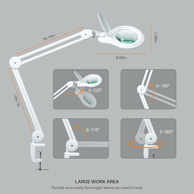 LED Magnifying Lamp with Clamp, 5 Inch Magnifier Glass Lens, Metal Swing Arm Dimming 1200 Lumens Lighted Magnifying Desk Lamp for Crafts, Bright 60PCS LEDs - 2.25X Magnification(White)