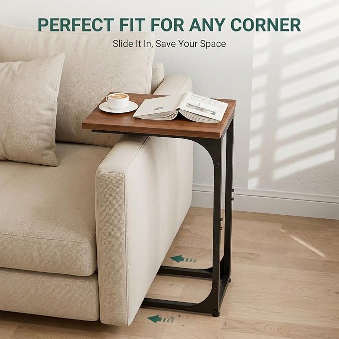 TEMI C Shaped End Table for Couch, Set of 2 Small Side Table for Sofa, TV Tray for Eating or Laptop, Accent Desk for Chair, Space Saving for Living Room Bedroom, Rustic Walnut
