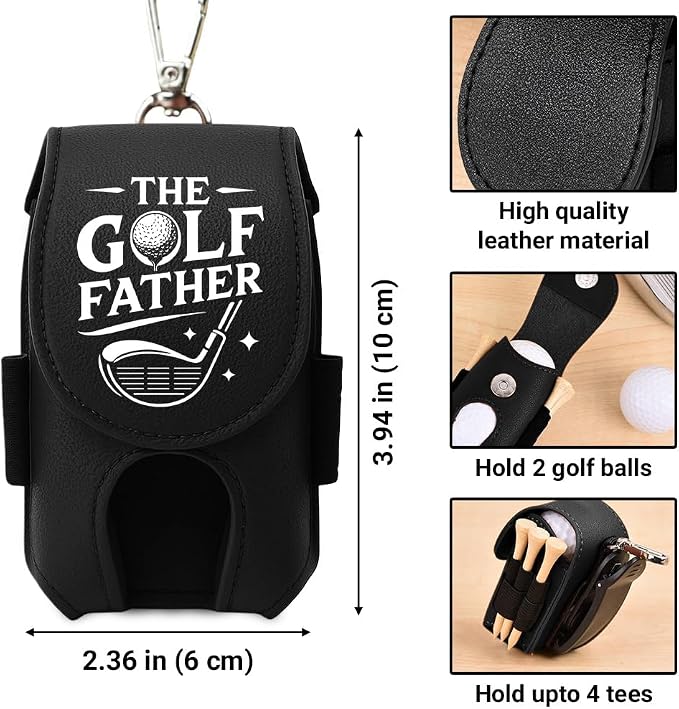 Wrappiness The Golf Father Golf Ball Bag - Golfer Accessories for Men Premium Leather Holder with Clip - Custom Golf Tee Pouch Unique Gift for Dad