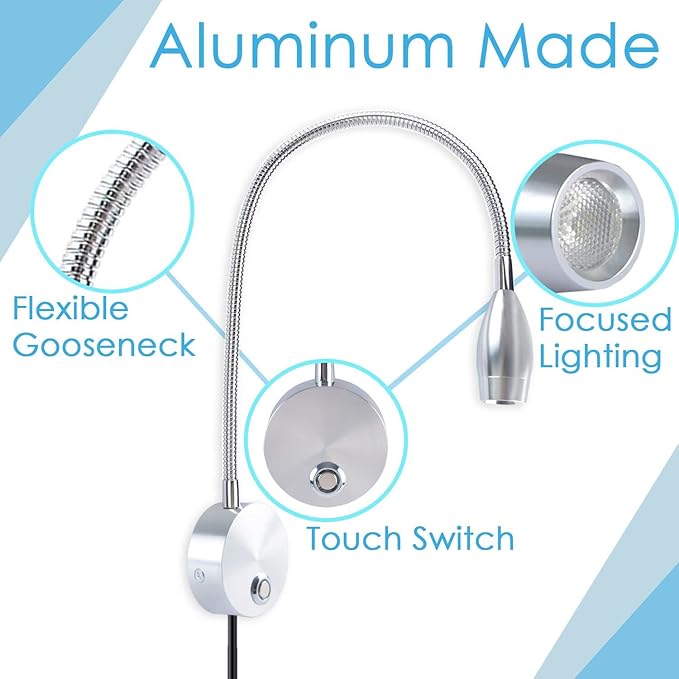 Adust Reading Lights for Books in Bed, Bedside Reading Lamp, 3W LED Dimmable Wall Mount Lamp, Adjustable Colour