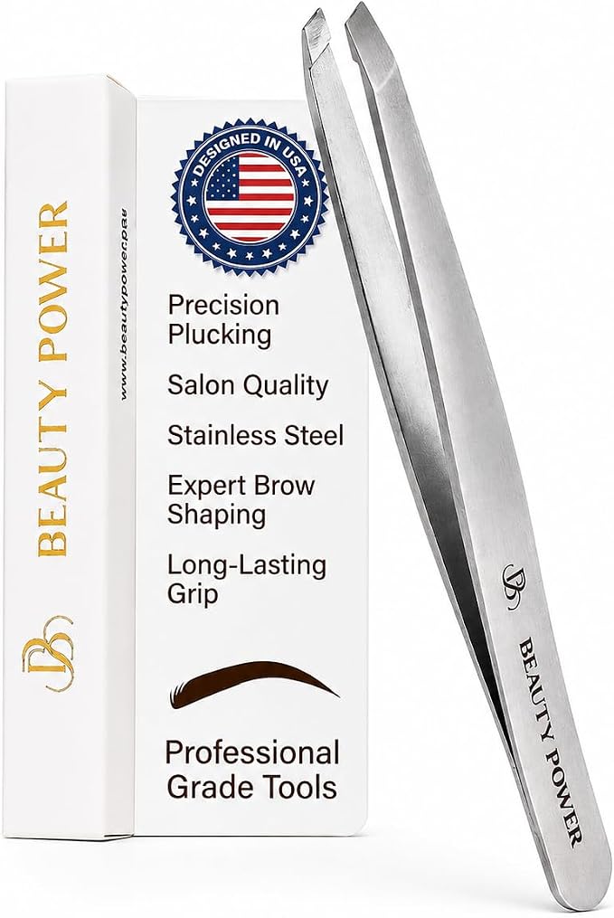 Beauty Power Slant Tip Precision Tweezers - Stainless Steel Eyebrow Tweezers for Women & Men - Precision Tweezers for Facial Hair, Ingrown Hair & Brow Shaping - Professional Beauty Tool (Gray)