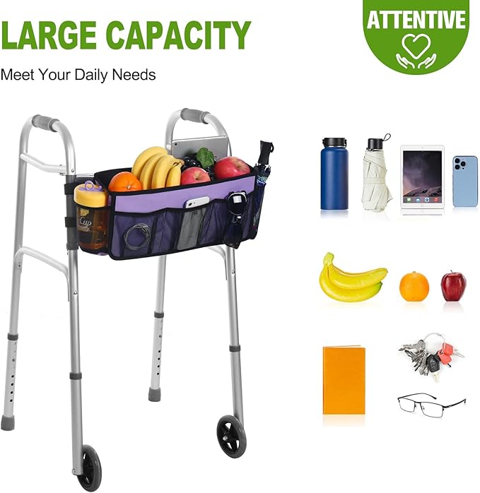 CTWWFS Upgrade Walker Basket with Cup Holder, Foldable Walker Storage Bag for seniors with Big Capacity & Never Tipping Over, Best Gift for Family (Purple)