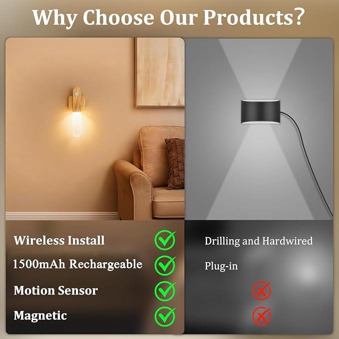 Motion Sensor Light Indoor - Wireless Wall Light, lumi Light, Magnet Rechargeable Wall Sconces, Portable Night Lights, LED Lights for Closet, Bathroom (Beech 3PCS)