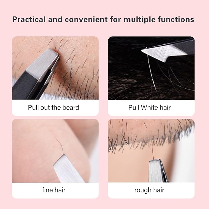 Derlaier Tweezers Set Professional High Precision Stainless Steel Eyebrow Remover Ingrown Hair & Splinter Removal Kit Facial Hair Grooming Tools for Men Women Black 4 Pcs