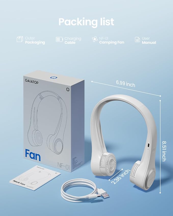 Gaiatop Portable Neck Fan, 4000mAh Rechargeable Hands Free Bladeless Mini Fans, 3 Speeds Air Outlet Can Rotate 70°, Free Adjustment Personal Wearable Cooling Fan Suitable for Travel Office White