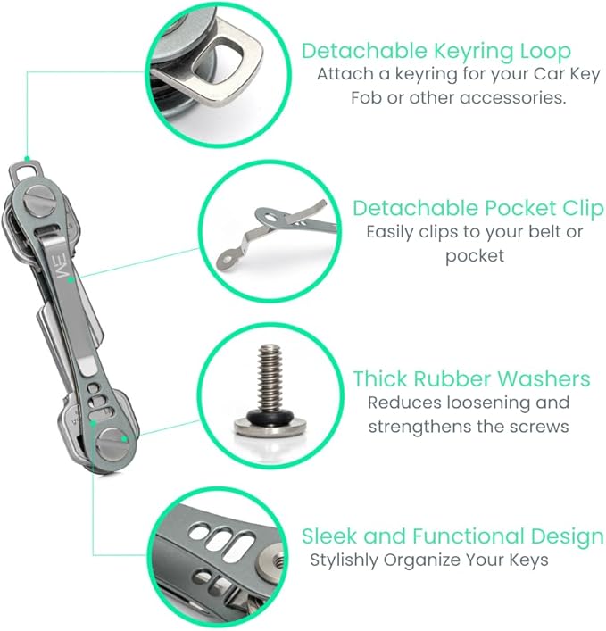 EM Compact Key Holder, Pocket Key Organizer, 14 Keys Key Bar | Fits 4.6 mm or larger keyholes only. Small hole keys like mailbox keys may not fit. Anti jingle, removable clip