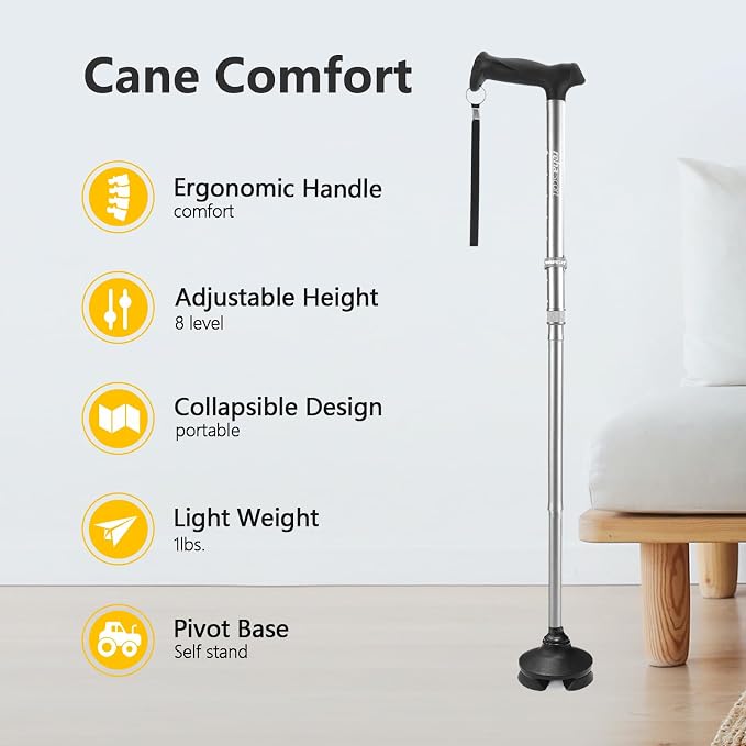 Rehaescort Walking Cane for Men & Women - Folding, Adjustable, Lightweight, Walking Canes for Seniors Balance, Free Standing, Pivot Tip, Soft Handle, Foldable Walking Sticks with Travel Bag
