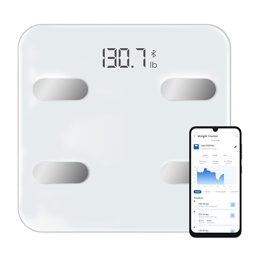 Digital Bathroom Scale for Body Weight, Bluetooth Weight Scale with App Sync, Tempered Glass Body Weight Analyzer, BMI Scale for Weight Loass, White