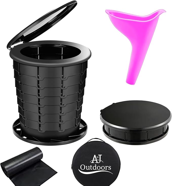 Retractable Camping Toilet with Female Urinal | Adjustable Height Portable Toilet for Adults and Kids | Portable Potty, Camp Toilet, Travel Toilet Set, Black